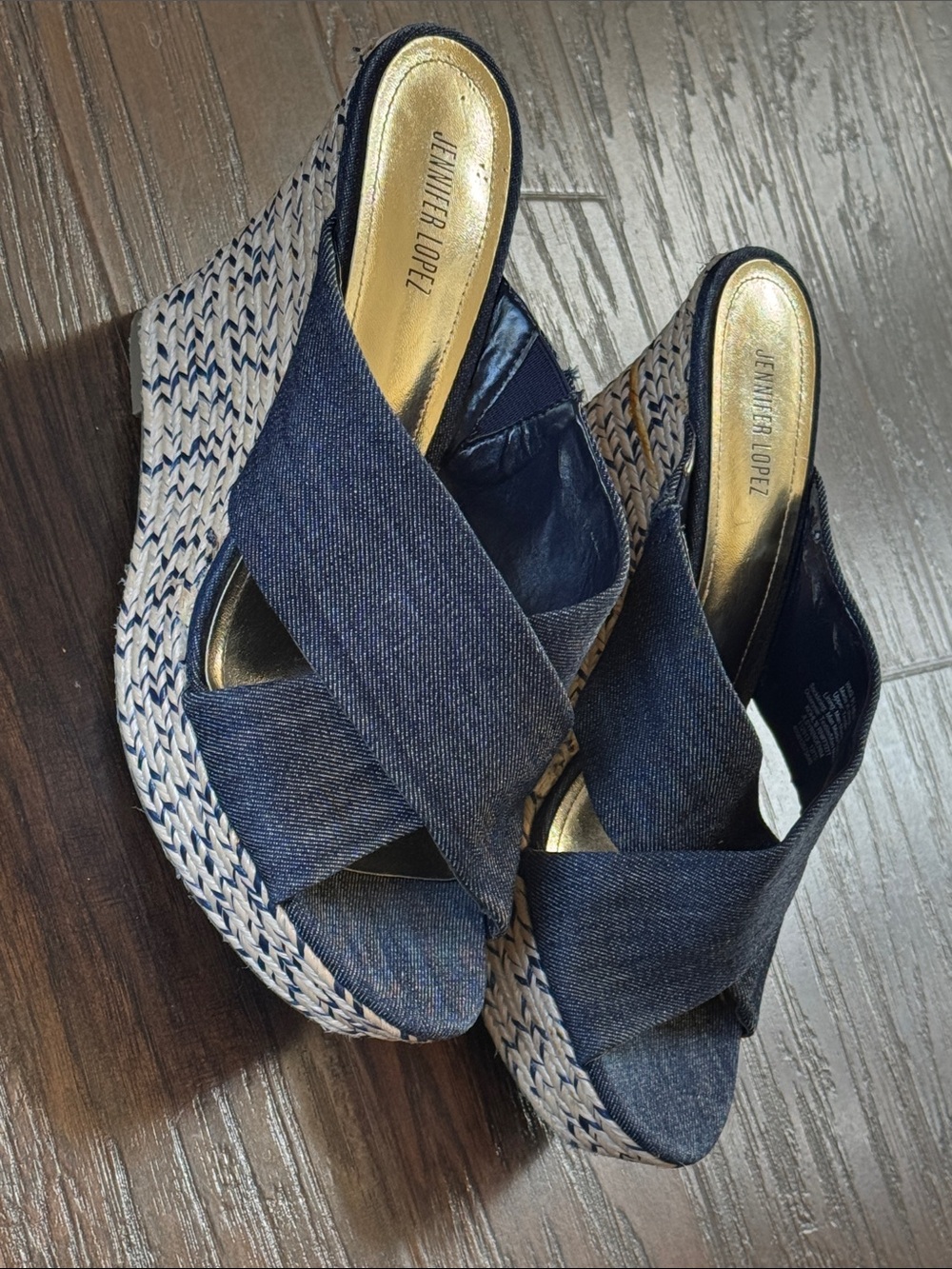 Jennifer Lopez Navy Denim Crisscross Espadrille Wedge Mules - Picture 2 of 10